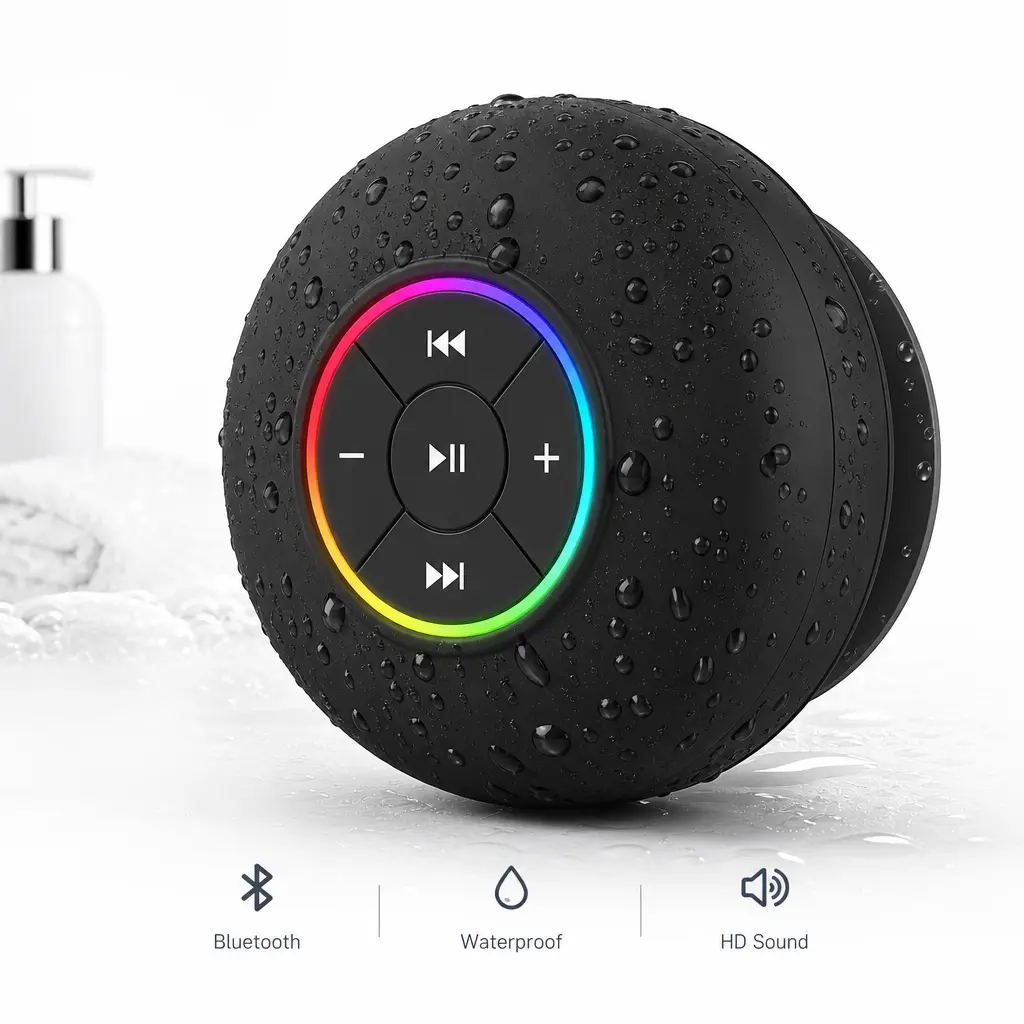 Compact Wireless Bluetooth Speaker - Black Portable Sound Device with Detachable Suction Cup Mount, IPX4 Splash Resistance, Mini USB Charging, Rechargeable Battery, LED Light, Stereo Loudspeaker for Smartphones/Tablets, Bathroom, Travel