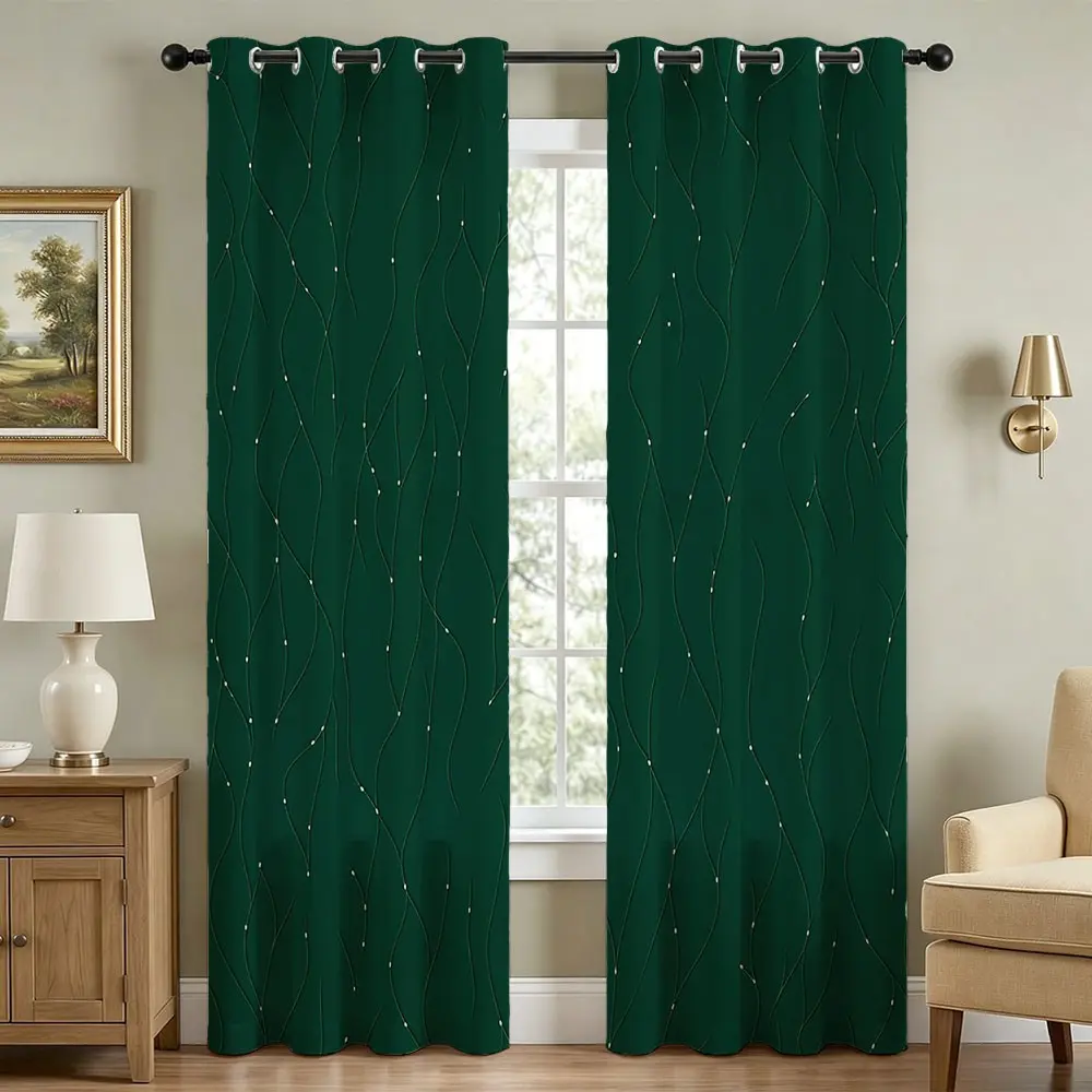 Blackout Curtains (2 Panels & Green Silver Wave Line and Dots Printed) - Thermal Insulated,Soundproof Printed Window Drapes for Living Room, Bedroom, Sliding Glass Door and Office