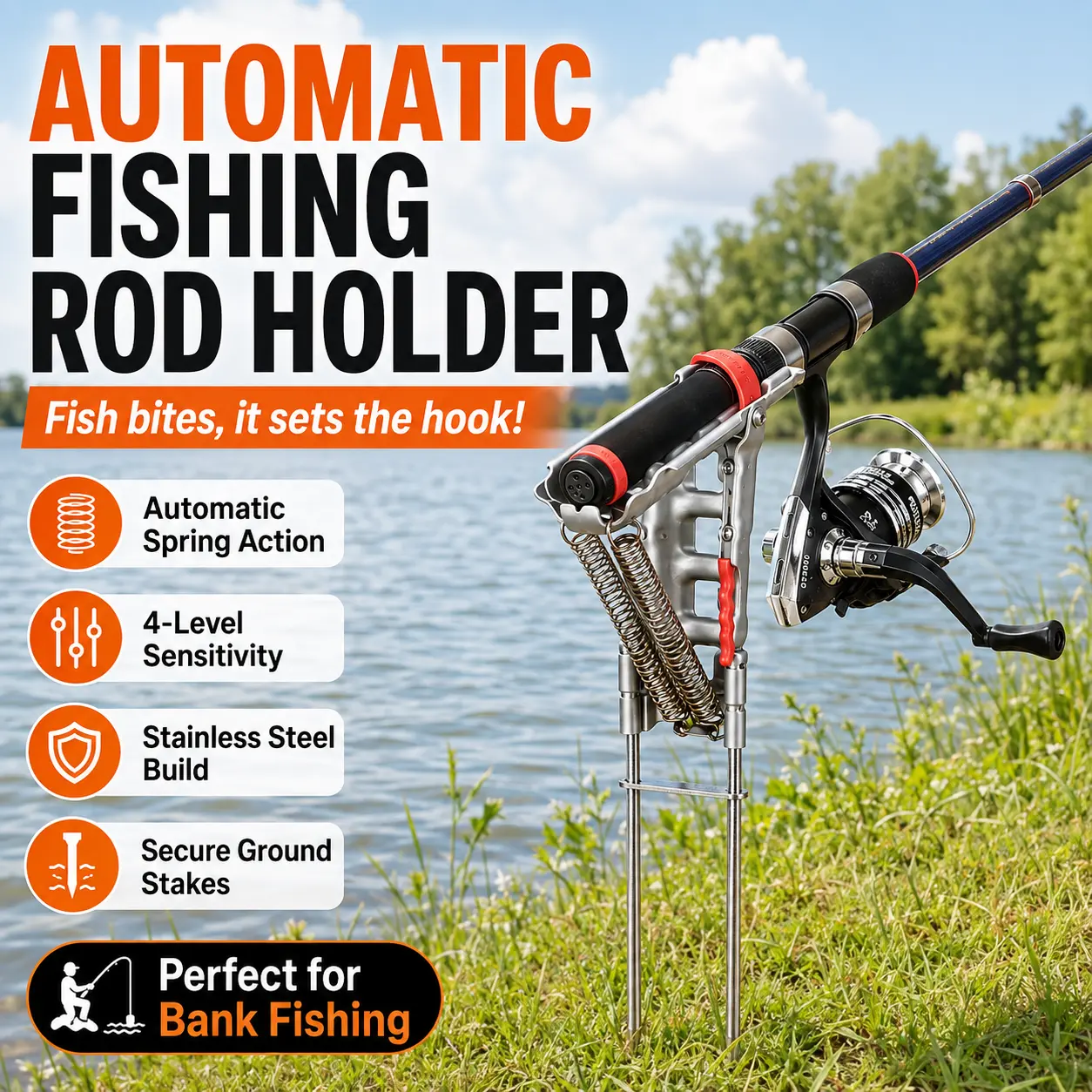 1PK Auto Fishing Rod Holder, Foldable Automatic Spring Hook Setter with 4-Level Adjustable Sensitivity, Stainless Steel Ground Rod Stand for Bank Fishing, Hands-Free Fishing Gear, Gift for Dad Husband Boyfriend