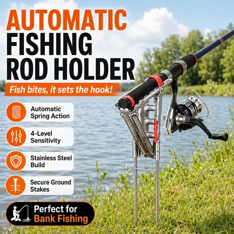 BEASTENERGY 1PK Durable Auto Fishing Rod Holder - Stainless Steel Ground Bank Stand, Portable Tool, Foldable Auto Hook Setter, 4-Level Customizable Sensitivity, Adjustable Hands-Free Gear for Ground Fishing, Great Gift for Enthusiasts