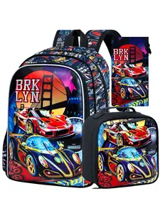 3PCS Sports Car School Bag Set Kids Backpacks | Retro Racing Aesthetic | Multi-Pocket with Adjustable Straps | For Elementary Kids Daily School & Back-to-School Gift