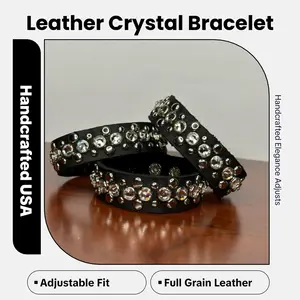 Handcrafted Full Grain Leather Bracelet with Premium Faceted Crystals - Adjustable Artisan Jewelry Size 7-8IN