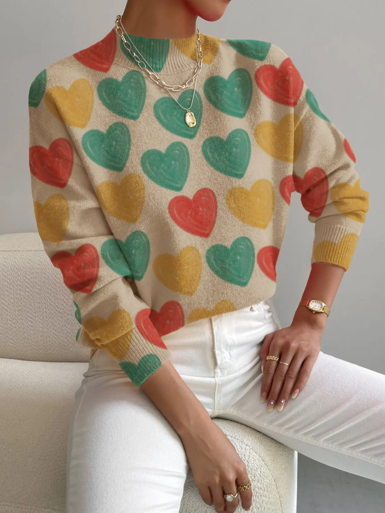 Women's Knitted Sweater, Casual & Elegant Design, Perfect for Spring/summer/fall/winter, Versatile Daily Wear, Heart