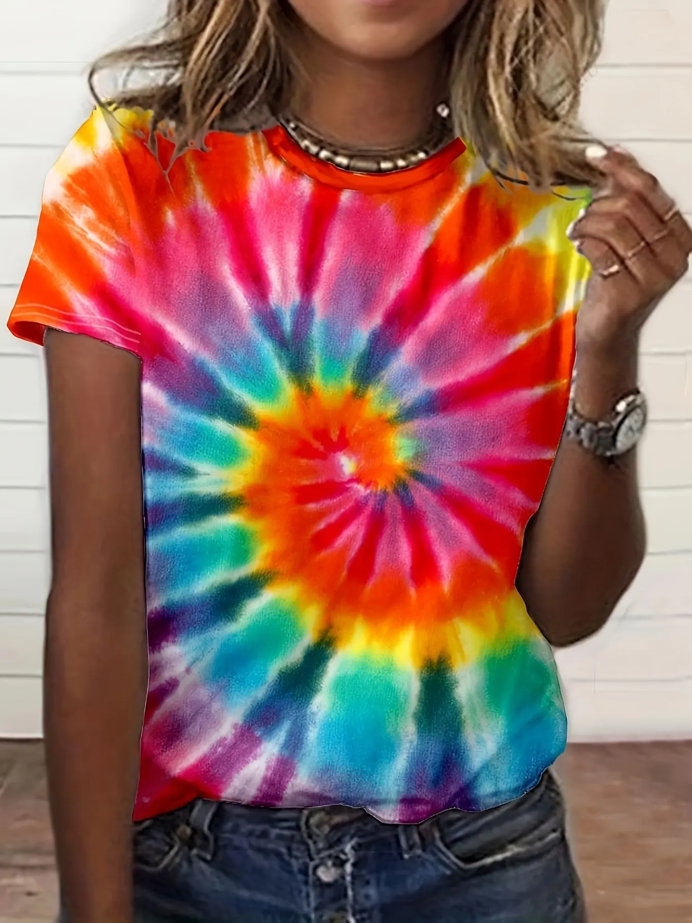 Women's Tie Dye Short Sleeve Fitted T-Shirt, Summer New Color Gradient Round Neck Top, Fashion Versatile Everyday Casual Style, Trendy Womenswear Ladies' Clothing, Casual Everyday Tee
