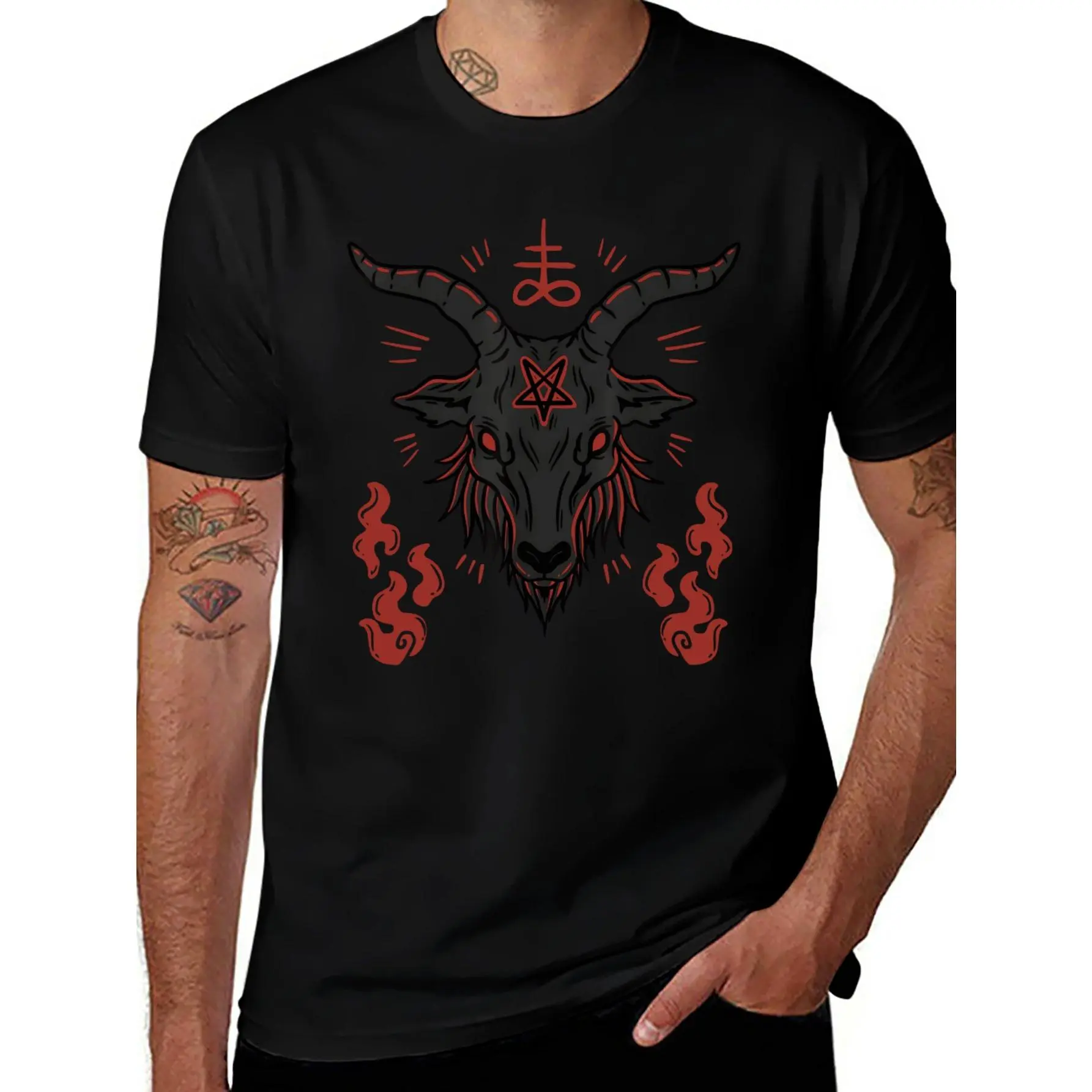 Men's Premium Cotton Graphic T-Shirt - Baphomet Occult Sigil, Satanic Goat Design, Casual Short Sleeve, Round Neck Menswear Top, Tshirt