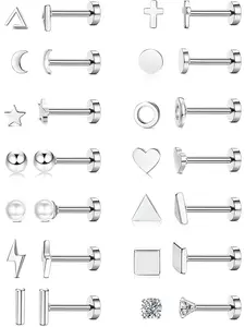14Pairs Small Stud Earrings For Women Girls Stainless Steel Hypoallergenic Geometric CZ Moon Star Triangle Cartilage Earrings Set Silver Butterfly Screw Flat Back Ear Studs Stud Earring Jewelry