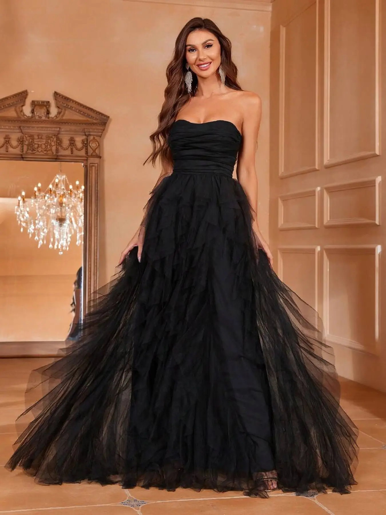 Women's Strapless Mesh Evening Gown - Chic Layered Formal Piece with Slim-Fitting Bodice, Body Support for Cocktail Parties, Anniversary Events, Dresses For Birthdays, Party Fit, Fitted