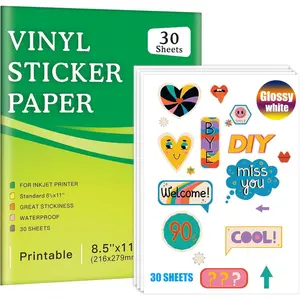 Printable Vinyl Inkjet Stickers -30 Sheets Glossy White 8.5x11 Inch Sticker Paper,Suitable for inkjet printers,, Drying  Colours, Retain Ink Well, Resistant