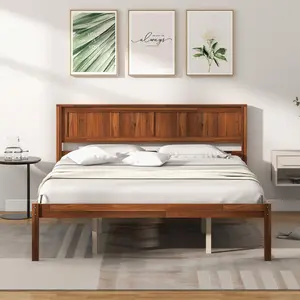 Spaco Wood Queen Platform Bed with Headboard, Mid Century Solid Wood Bed Frame with Wood Slat Support, Wooden Mattress Foundation with 12" Under Bed Storage for Bedroom, Easy Assembly,No box spring needed