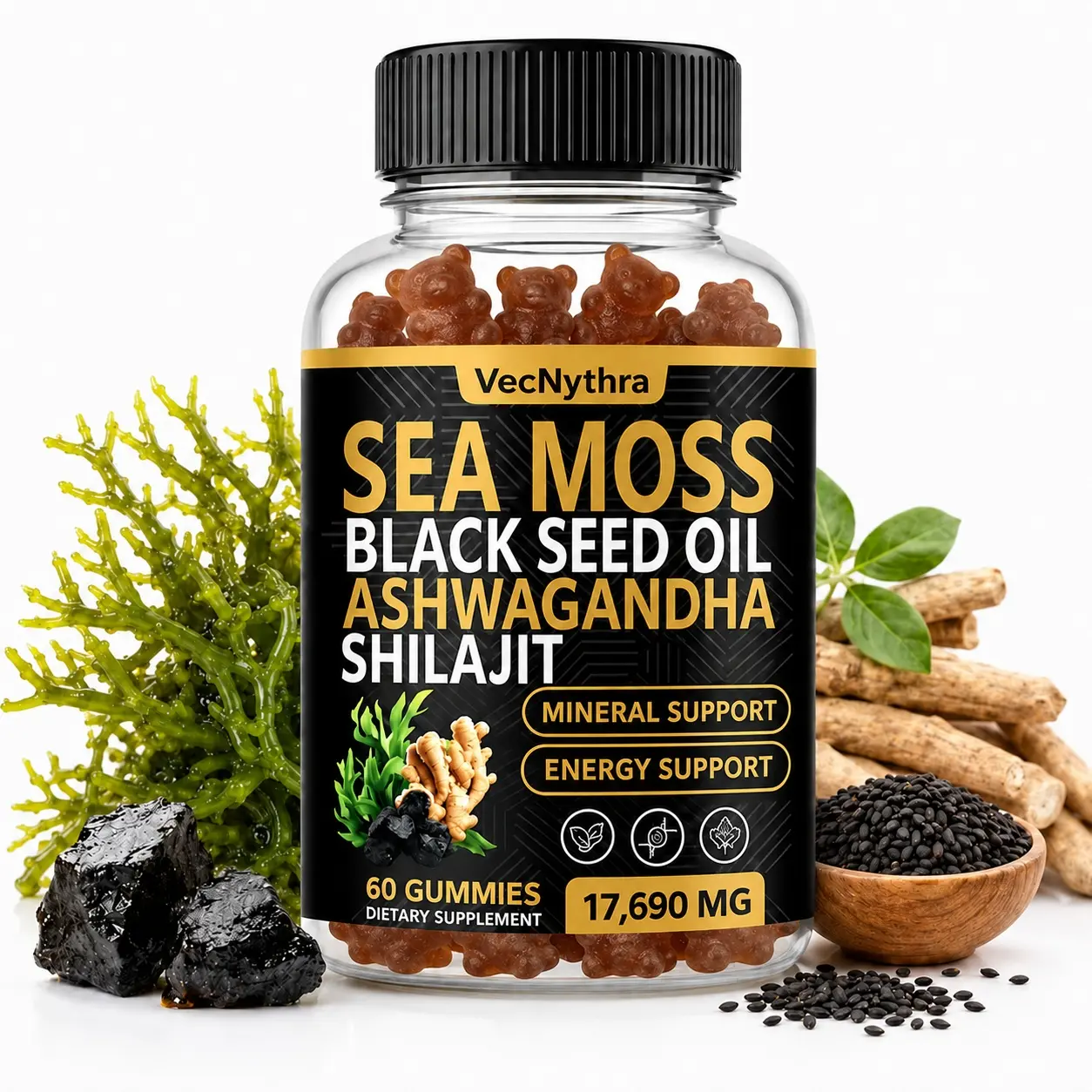 VecNythra Sea Moss Gummies with Ashwagandha Turmeric Shilajit Elderberry, Energy & Immune Support, 60 Count