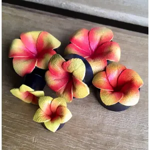 PAIR of Stunning Yellow / Pink Leather Flower & Bone Plugs - Gauges 0g (8mm) up to 15/16" (24mm)