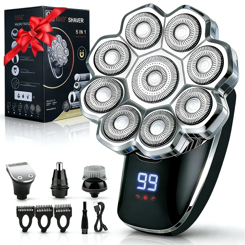 【Black Friday】6-in-1 Electric Head Shaver, Waterproof Wet/Dry Grooming Shaver & Accessories, Cordless Rechargeable Bald Head Razor for Home & Travel, Multifunctional Hair Shaver
