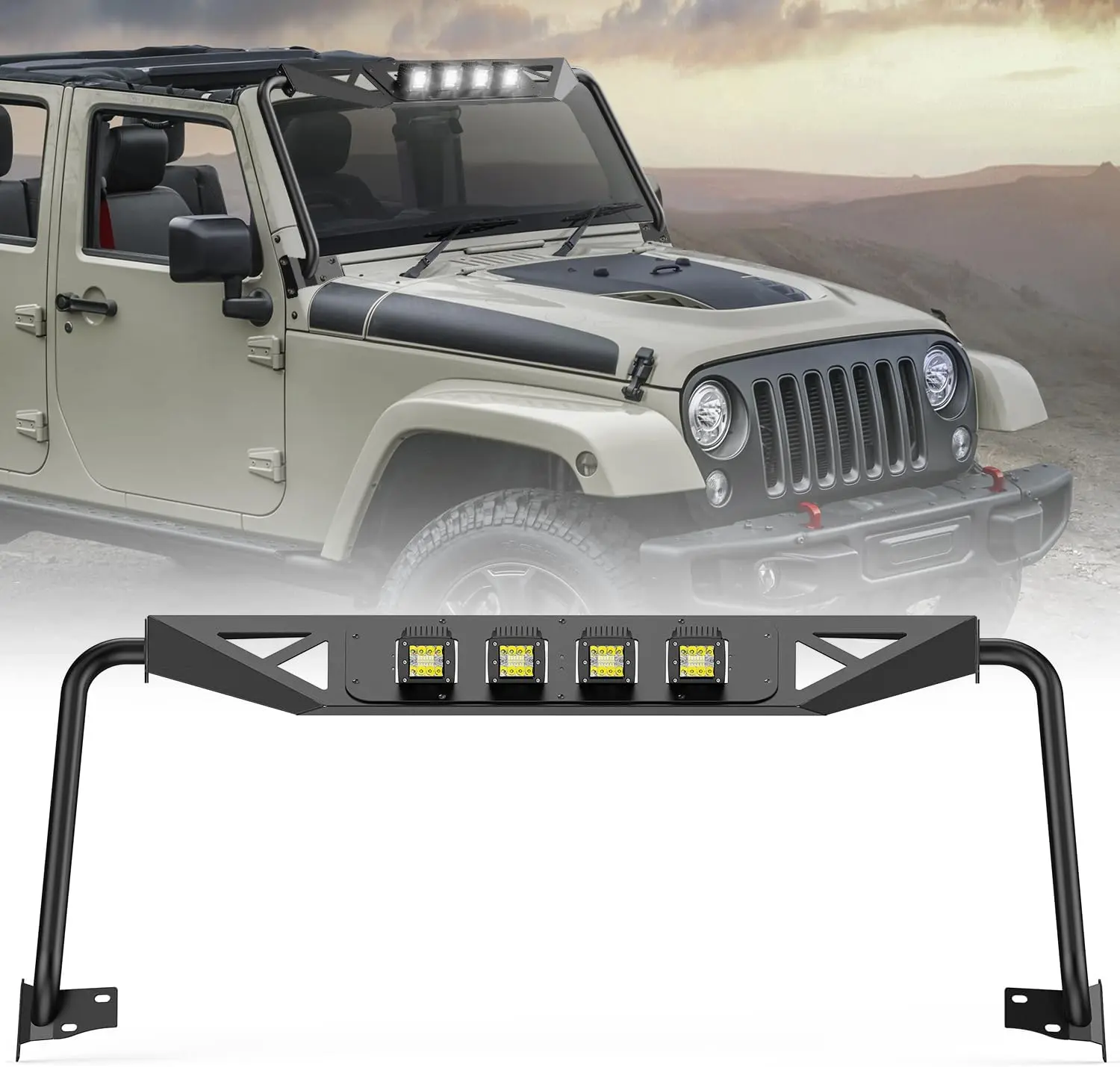 Nilight 11-Gauge Carbon Steel Front Windshield Frame Cover for 2007-2018 Jeep Wrangler JK JKU Unlimited, Corrosion-Resistant Roof Sun Visor Cowl Body Armor with 4 LED Lights, Easy-Install Windscreen Rack Protector, Sturdy