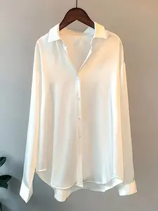Plus Size Elegant Silk Shirt for Women, Long Sleeve Button Front Office Top, Autumn Fashion Acetate Fiber Blouse
