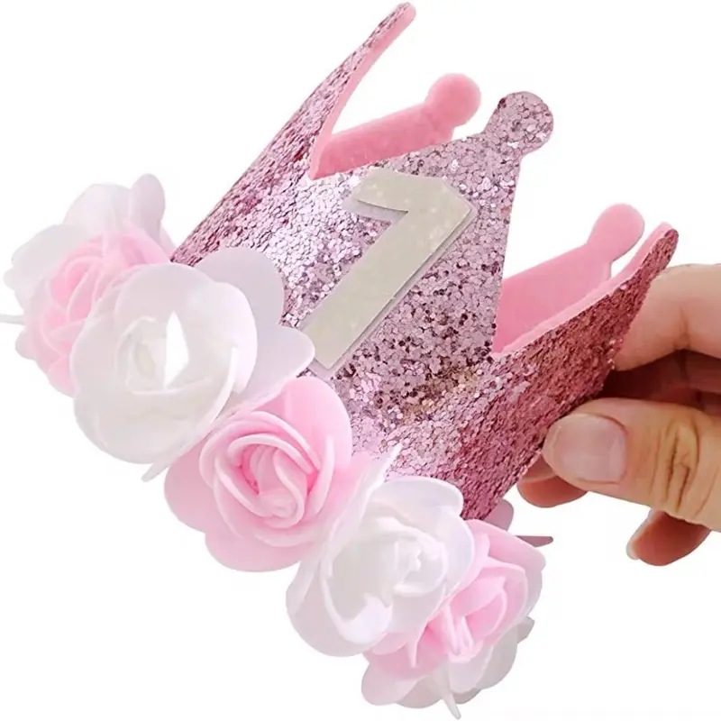 1-Year-Old Felt Birthday Crown Hat with Pink-White Flowers, Pink Sequins, Vibrant Funky Unique Accessories - Festive Party Supplies for Easter, School Events
