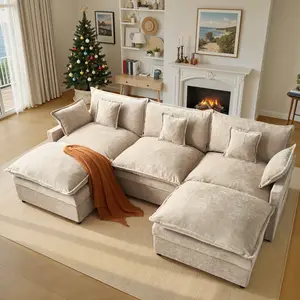 HOOOWOOO 108" Oversized U-Shaped Modular Sectional Sofa with 2 Movable Ottoman, Comfy Chenille Deep Seat Sofa Bed with 5 Pillows for Living Room, Bedroom and Apartment, 5-Seater【2 Packages Shipping】