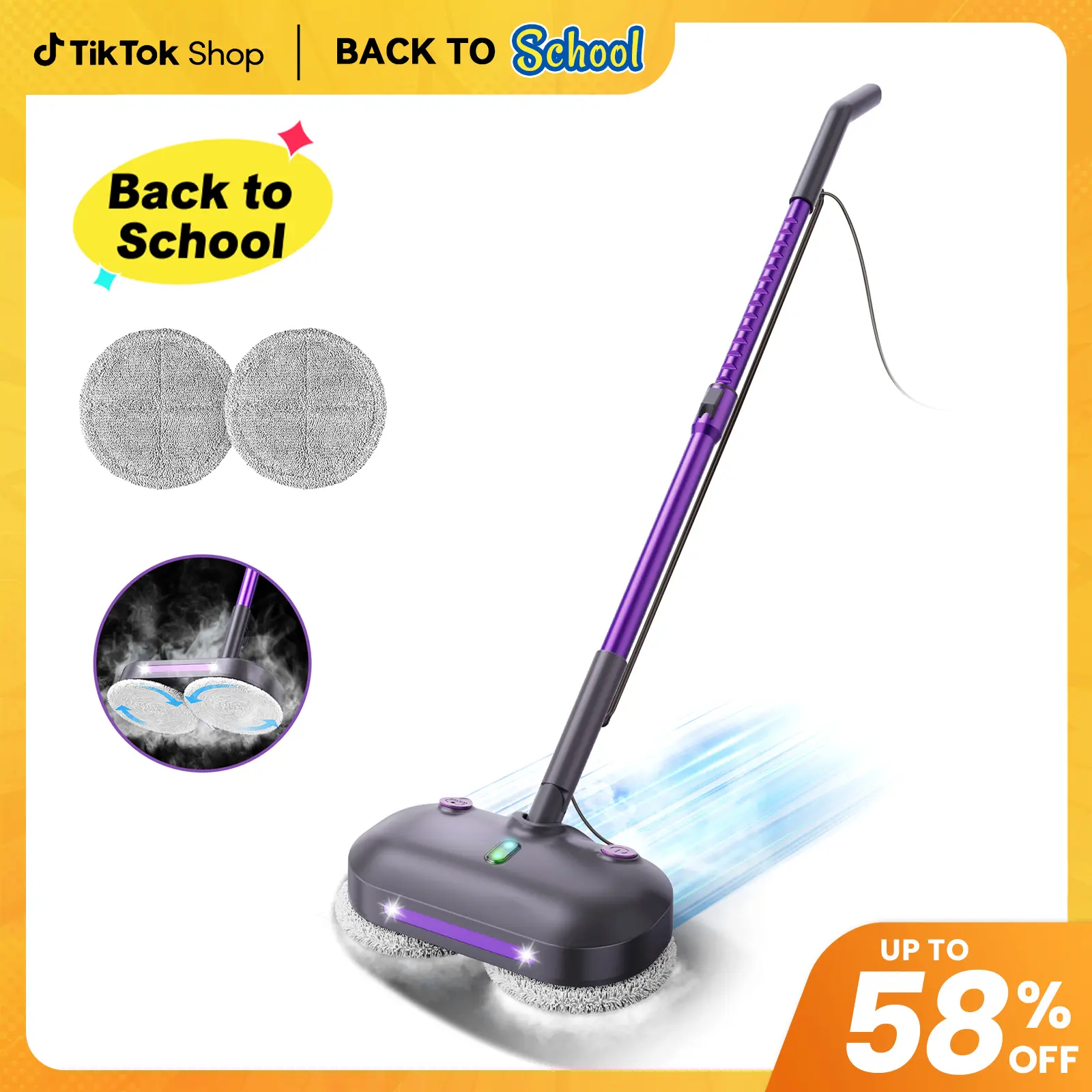 [BackToSchool]Lightweight Handheld Spin Steam Mop with Rotating Pads – 284°F High-Temp Sanitizing, Fast Preheating, Extra-Large Tank, 20FT Cord, 3 Reusable Pads & Self-Standing, Safe for Hardwood, Laminate & Marble[SummerWins]