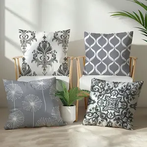 4pcs Set Gray Minimalist Daily Morris Pattern Cushion Covers, Single-Sided Printed Velvet Fabric Pillow Covers For Modern Fabric Sofa Indoor Decor, Party Decor, Gift