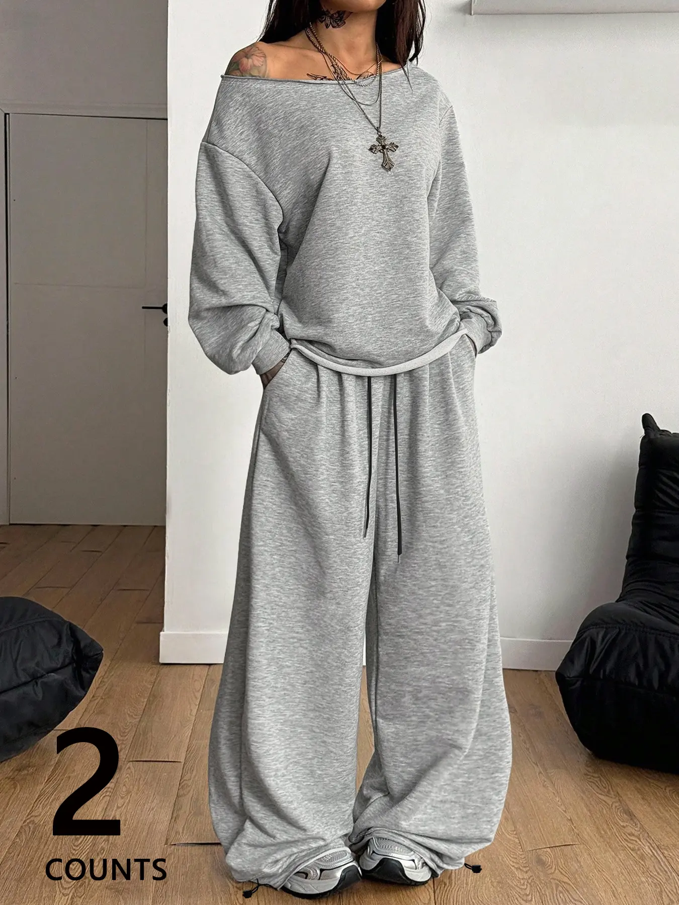 Women's Loose Shoulder Baggy Boxy Set Long Sleeve Sweatshirt with High Waist Straight Adjustable Drawstring Pants, Fall & Winter Basic Casual, Everyday, Y2K Style, Comfortable Streetwear Outfit, Womenswear