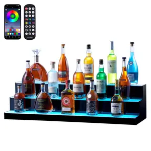 VEVOR LED Lighted Liquor Bottle Display,  3 Tiers 40 Inch Commercial Illuminated Home Bar Shelf, 3 Steps Whiskey Rack Stand, Acrylic Drink Shelves with RF Remote & App Control, and Multicolor lighting