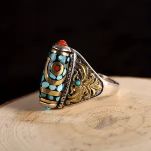 Celestial bead ring, retro rotatable mantra turning wheel ring, inlaid with synthetic turquoise and coral, antique style Xizang prayer wheel imprint jewelry, men and women's opening ring, daily wear Vintage engagement rings wedding rings moissanite rings