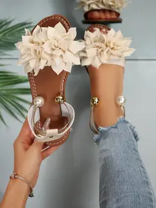 Fashion Pearl Chain 3D Flower Flat Sandals for Women, Elegant Sandals, Bohemian Open-Toe Slip-Ons, Stylish Summer Footwear, Comfortable and Trendy, Open Toe Shoes