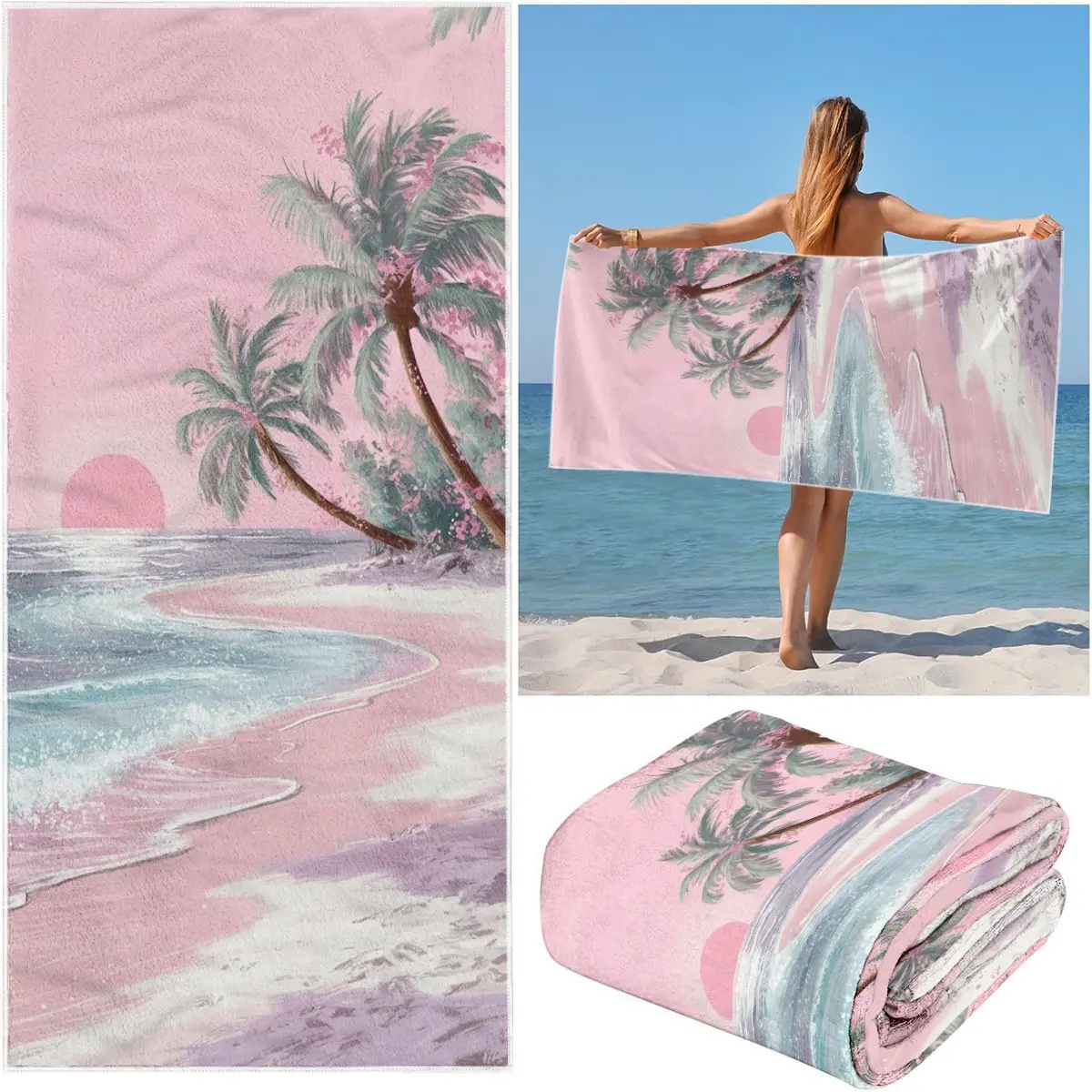 Comfortable Quick-Dry Beach Towel, Quick Drying Towel, Tropical Sunset Coconut Tree Sun Print Pattern, Ideal for Beach Pool Camping, Perfect Gift for Family Friends, Quick Dry Towels