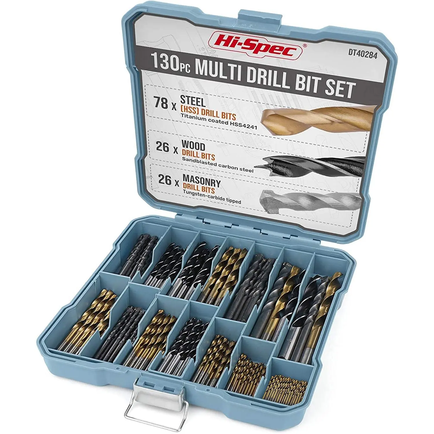 Drill Bit Set 130pc Multi SAE – 11 Sizes 1/16in to 3/8in – HSS Titanium, Masonry & Brad Point Steel Bits – Drill Bits for Metal, Wood, Plastic, Drywall, Brick & Concrete – with Tray Case