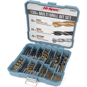 Drill Bit Set 130pc Multi SAE – 11 Sizes 1/16in to 3/8in – HSS Titanium, Masonry & Brad Point Steel Bits – Drill Bits for Metal, Wood, Plastic, Drywall, Brick & Concrete – with Tray Case