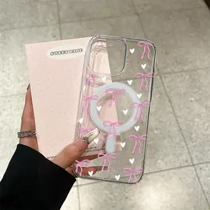 Timy PLM02016 Transparent Acrylic Magnetic Soft Smartphone Case, Blush Pink Bow Design, Shockproof Anti-Fall Protector, Lightweight Durable, Wireless Charging Support, Fits iPhone 17 Pro Max 16 15 14 13 12 11, Cellphone Handheld Devices Accessories