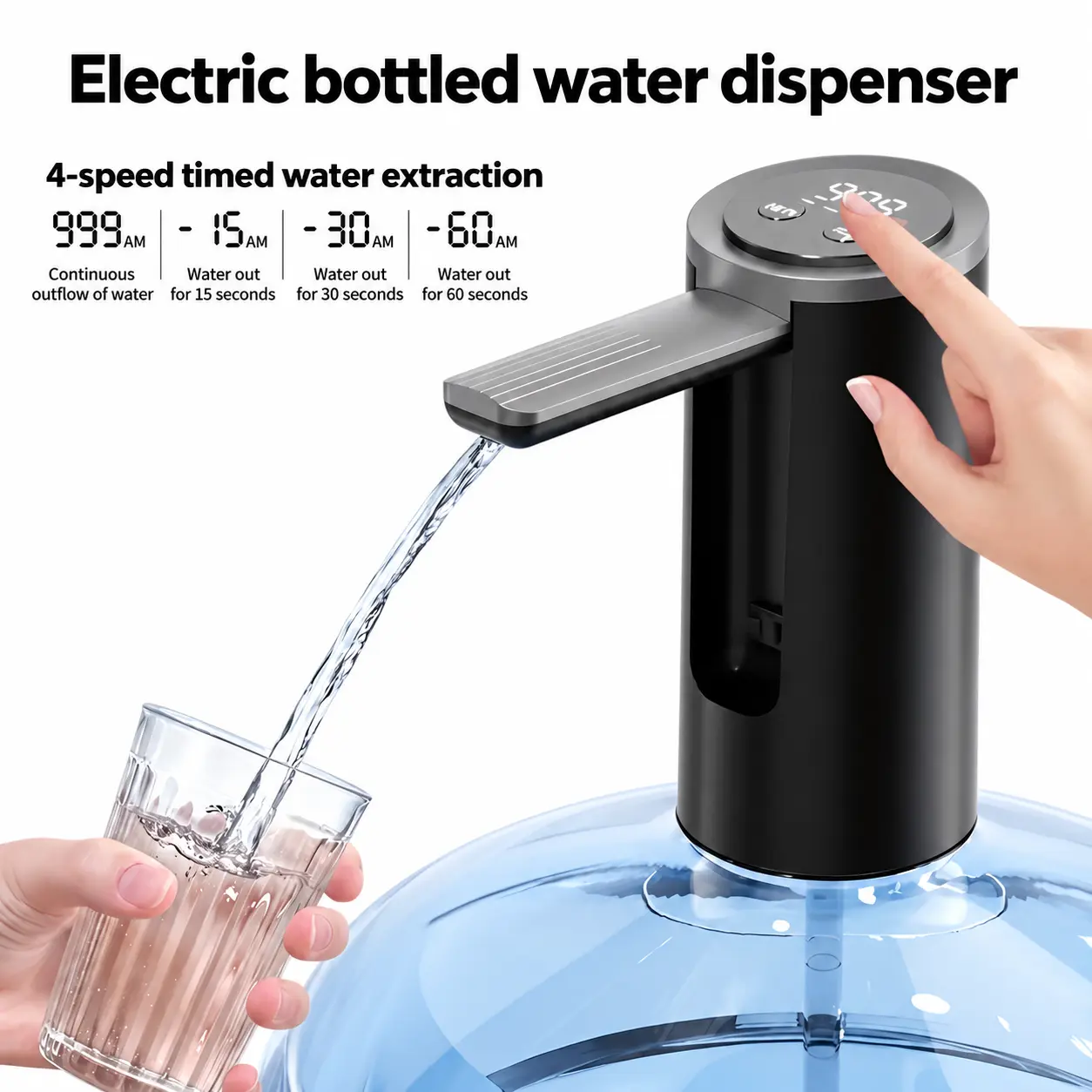ABS Cordless Compact Water Dispenser - 14oz Freestanding Portable Size Home Water Cooler, Easy to Use Foldable Nozzle, Digital Display, 4-Level Timed Dispensing, USB Rechargeable, Child Lock, 1-Month Long-Lasting Hydration Bff for Home, Office
