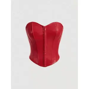 Red Date Night Fishbone Tight Corset Solid PU Leather Tube Top Fabric Fit
