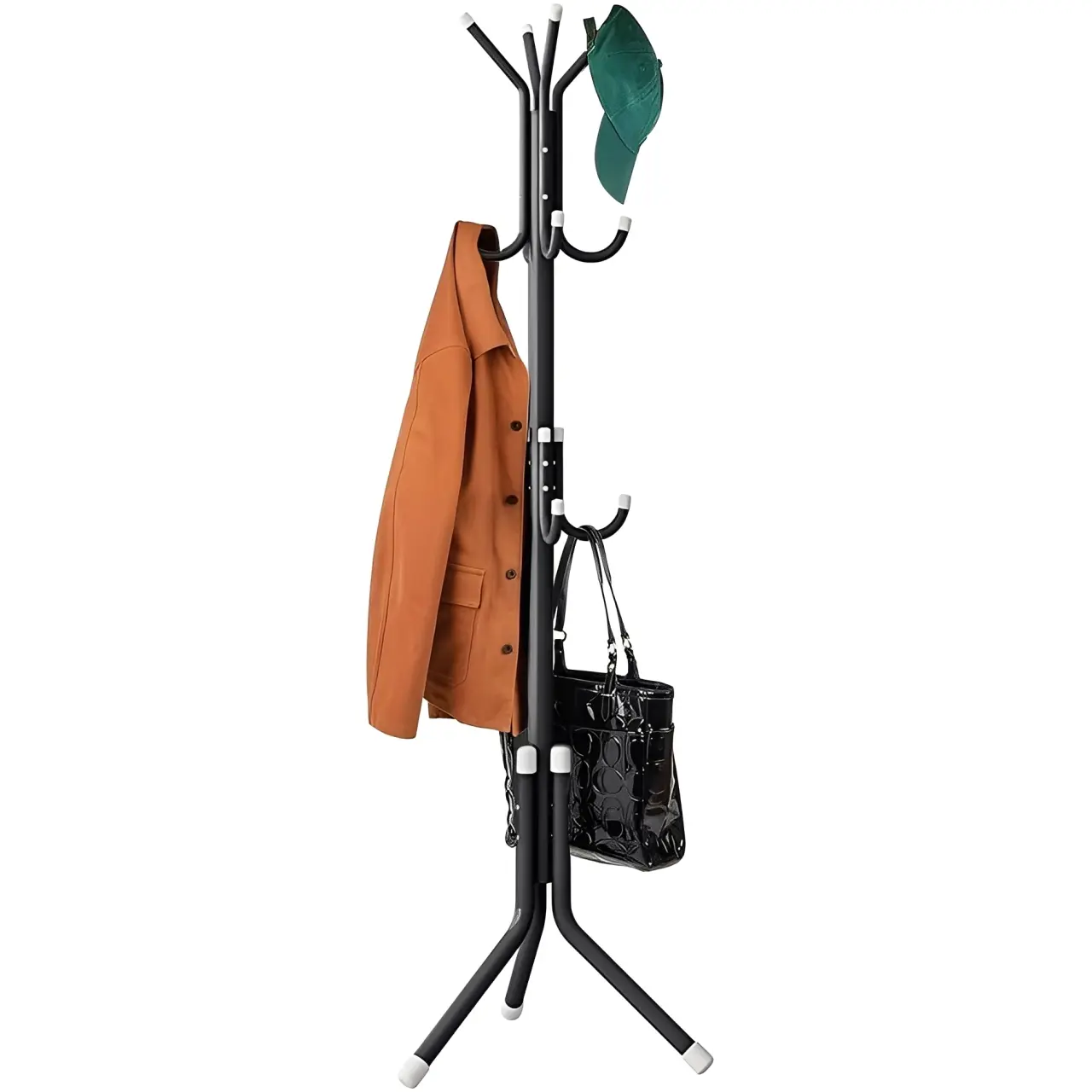Freestanding Coat Rack, 12 Snag-Free Hooks, Sturdy Metal Tubes, Compact Durable Build, Triangular Base, Home Storage for Entryway & Dorm Clothes/Bags Hanger Stand with Installation Tools