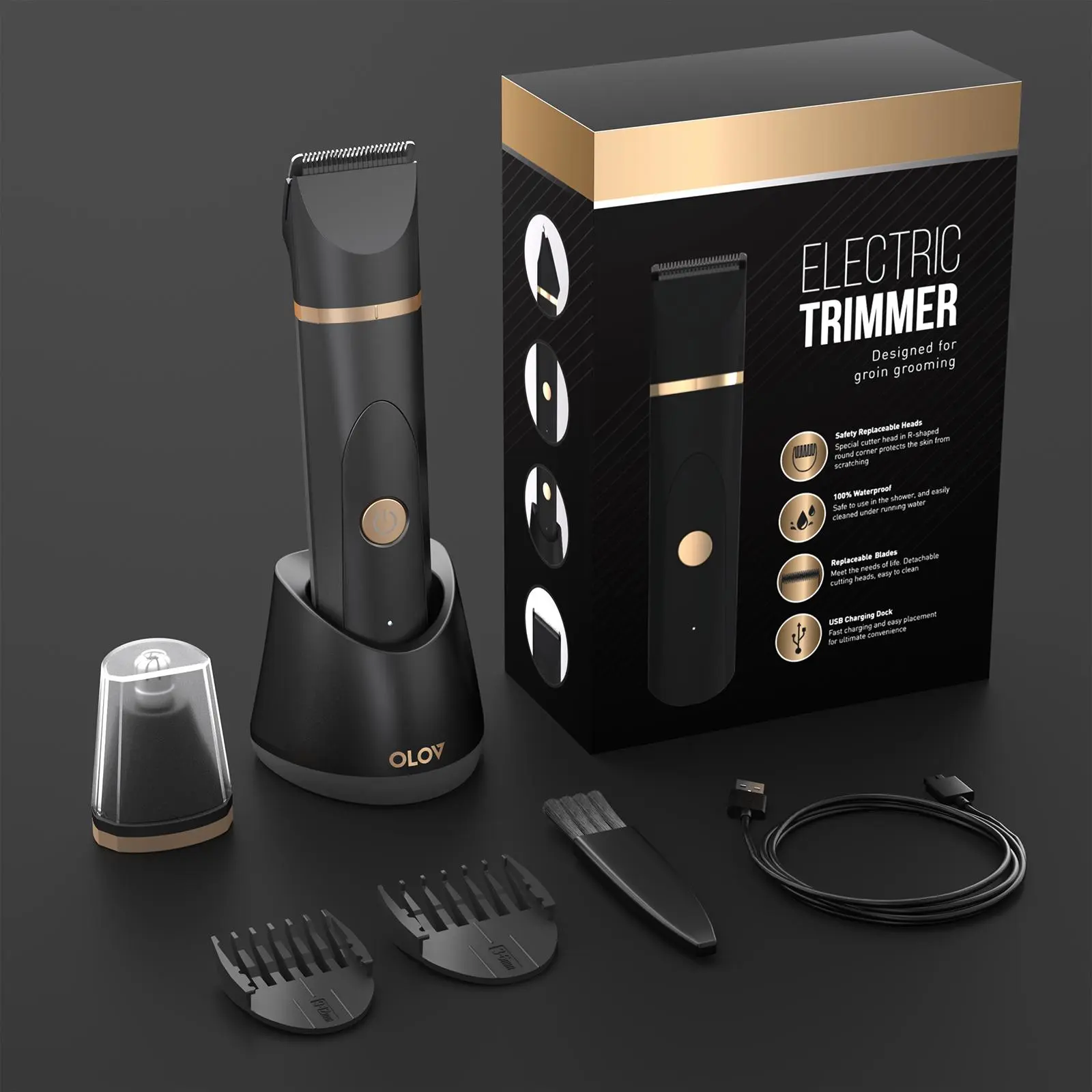 OLOVE Men's Body Hair Trimmer - Anti-Nick Groin & Ball Groomer with Safe Ceramic Blade, Fast Trimming, Easy & Convenient Holding, Waterproof, Cordless Charging, Shower Use, Rechargeable Self Care Grooming Tool, Gift for Him