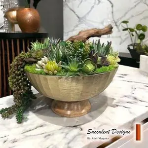 Succulent Design in Gold Metal and Wood Circular Vase | One-of-a-Kind Faux Arrangement | Unique Succulent Plants for Tabletop Decor | Artificial Succulent for Plant Lovers