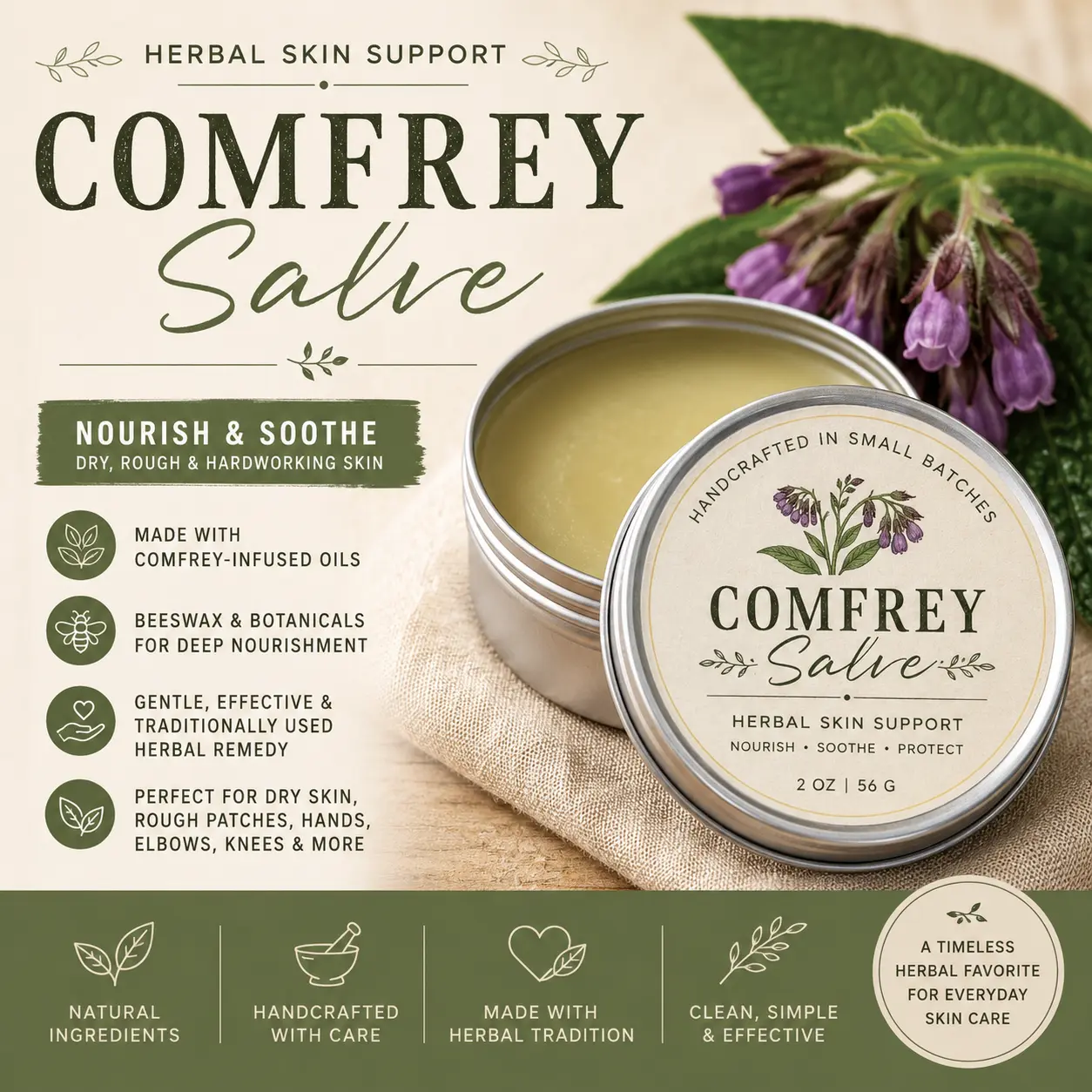 Hydrating Comfrey Salve Body Moisturizer - Herbal Skin Repair Balm with Comfrey Leaf, Natural Ingredients