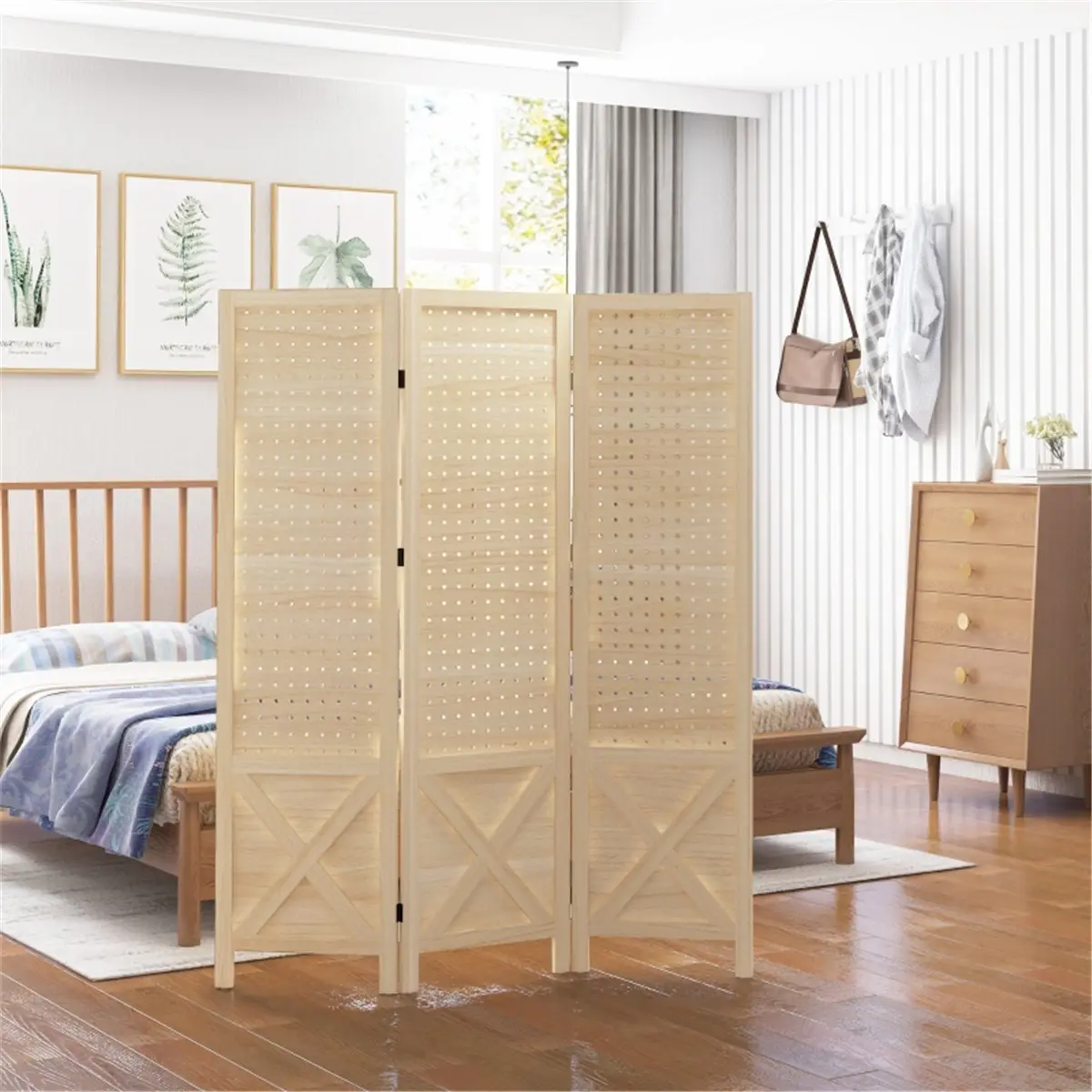 Paulownia Wood Privacy Screen, Folding Design with X-Shaped Pattern, Room Divider for Home Office & Bedroom, Natural Wood Color, Space-Saving Dimensions 45" W x 57" H x 0.75" D - Interior