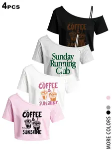 4 Pack Women Off Shoulder Crop Tops, Iced Coffee & Sunshine / Sunday Running Club Graphic Tees, Casual Short Sleeve Y2K Slim Fit T-Shirts, Trendy 2026 Summer Streetwear, Cute Aesthetic Tops for Daily, Workout, Coffee Run, Music Festival
