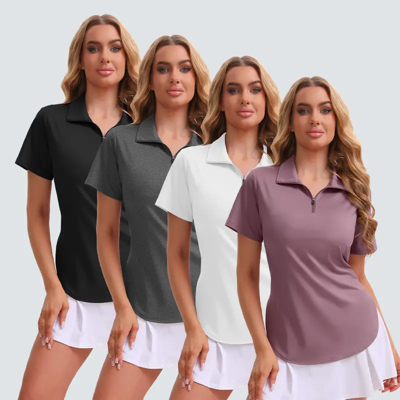 Women's Veldtholos 4-Piece Collared Shortsleeve Tops - Fitted Half-Zip Polo & Basic Shirts, Adjustable, Suitable for Fitness, Tennis, Lady Work Attire