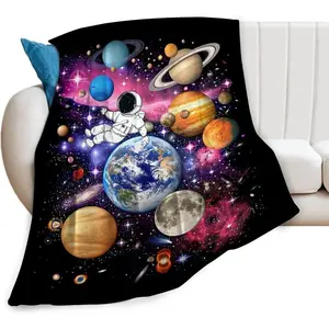 Space Galaxy Astronaut Graphic Blanket, Cozy Fleece Flannel, Soft Warm Plush Lightweight, Solar System Gift Bedding for Adults, 40"X50" Throw for Couch Sofa Bed, Graphic Blankets
