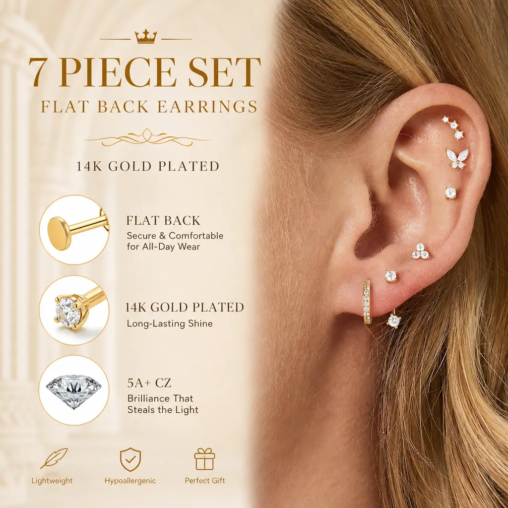 7 Pairs Hypoallergenic Earring Jacket Stacks – 14K Gold Plated Flat Back Earrings, Dainty Huggie Hoops & Cartilage Helix Earring Jackets – Fashion Western Jewelry Gifts for Women