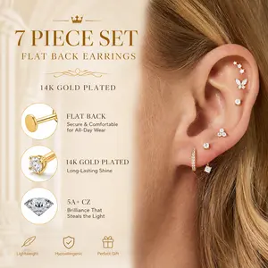 7 Pairs Hypoallergenic Earring Jacket Stacks – 14K Gold Plated Flat Back Earrings, Dainty Huggie Hoops & Cartilage Helix Earring Jackets – Fashion Western Jewelry Gifts for Women