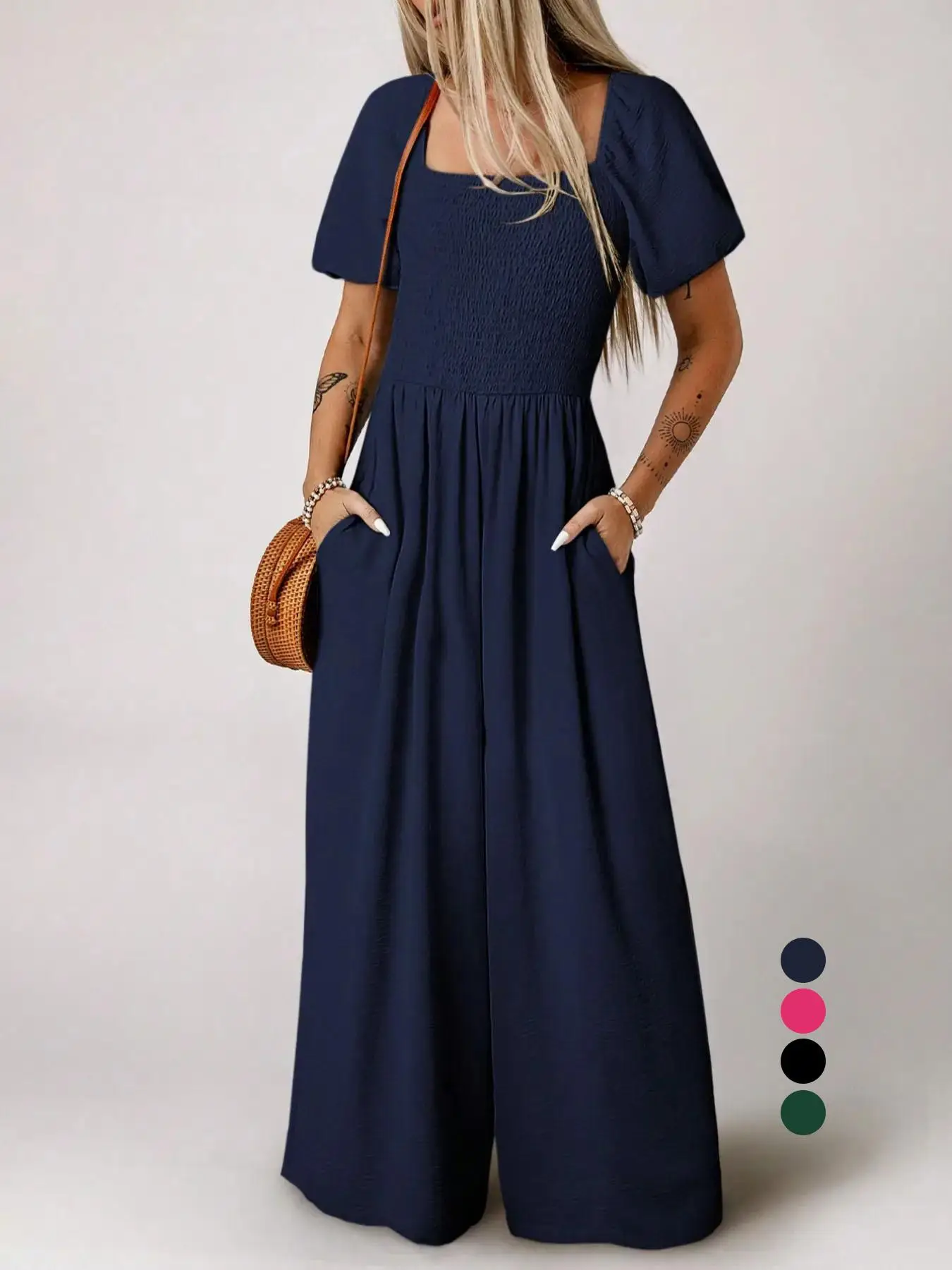 Women's Plain Puff Sleeve Pocket Shortsleeve Shirred Wide Leg Jumpsuit, Basic Fashion Casual Short Sleeve Square Neck High Waist Jumpsuit for Summer,