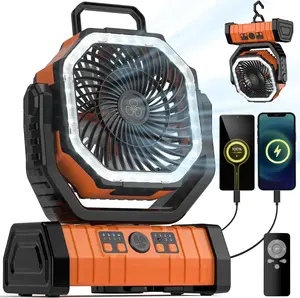 20000mAh Battery Operated Powered Fan with LED Lantern Light Rechargeable Portable Oscillating Fan with 360 ° Rotation Hanging Hook for Tents, Cordless USB Desk Fan(Orange) ventilador para camping
