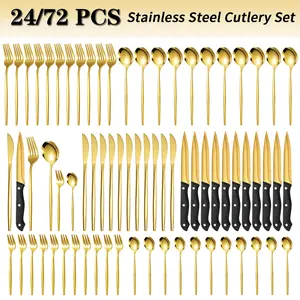 24/72 pcs Deluxe Golden Stainless Steel Cutlery Set, Portugal Western Steak Knives, Forks And Spoons Flatware Set, 4/12 Person Mirror Polish Families Hotels Silverware Set With Gift Box, Dishwasher Safe