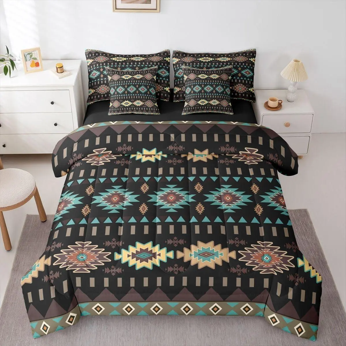 Aztec 7 Piece Bedding Set Geometric Comforter Set with Sheets Rustic Boho Mysterious Tribal Retro Bed in a Bag Black Teal Southwestern Simple Men Women