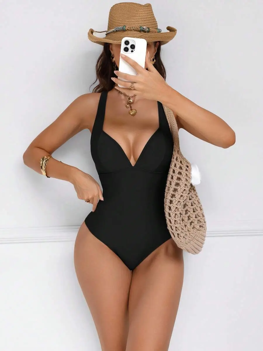 LUNA LAYER Women's Brown & Black Patchwork Push-Up Tummy Control 1-Piece Swimsuit with Criss-Cross Back for Pool Parties