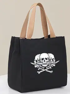Canvas Tote Bag, Gothic Skull Fork Print, Punk Pirate Theme Shoulder Bag, Reusable Shopping Bag, Large Capacity, Durable, Trendy Gift