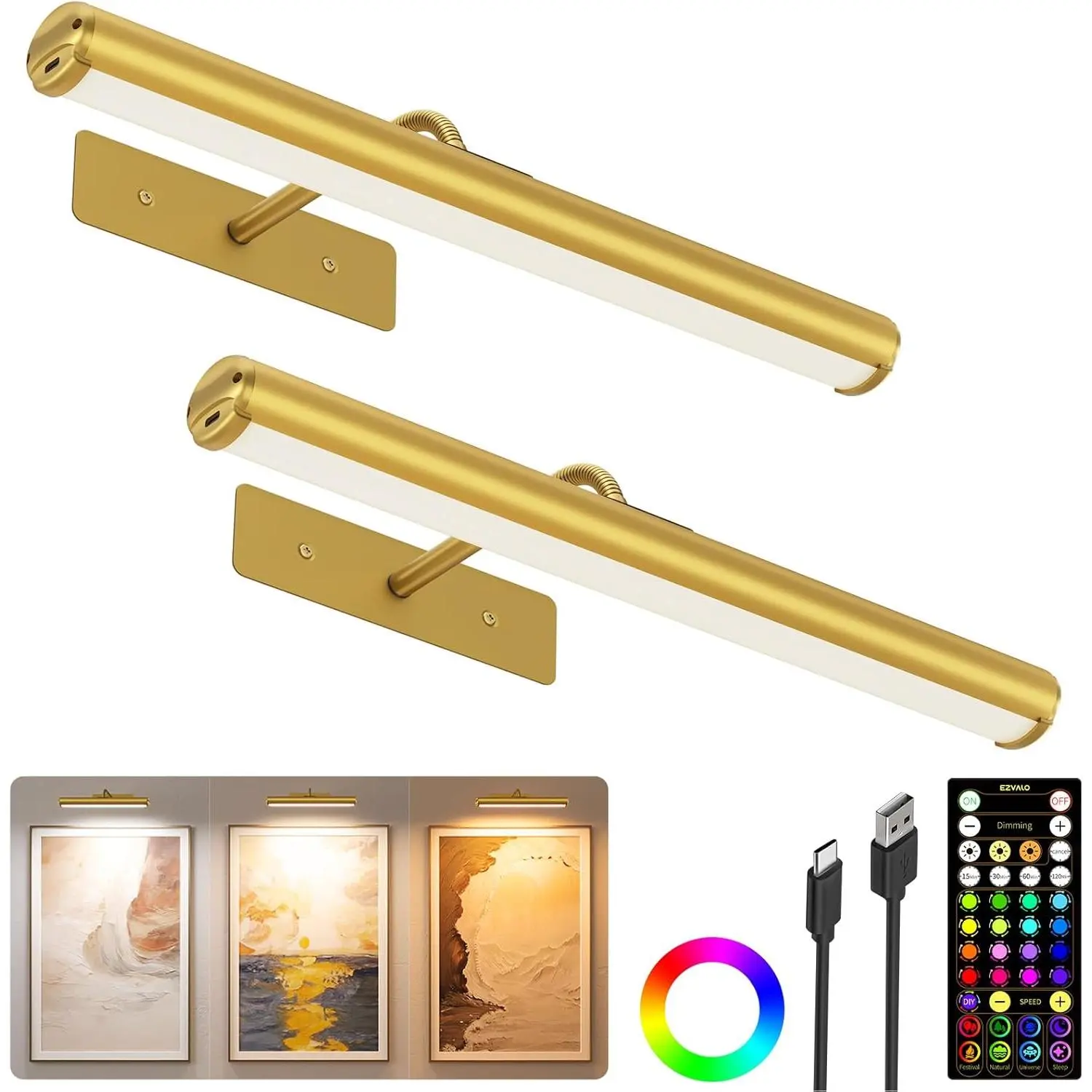 13in Picture Light for Wall, 4000mAh Rechargeable Art Light with Remote, RGB & 3 Color Temps,  Operated Wall Light for , Photo - 2 Pack