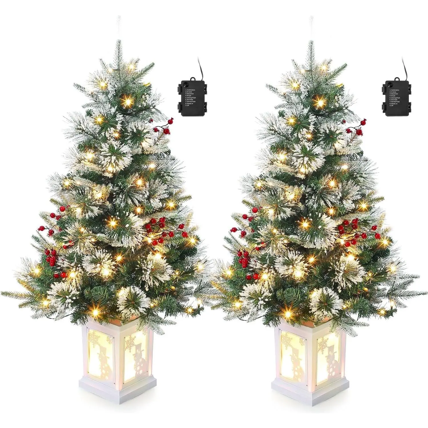 2-Pack 3 Ft Fire-Retardant Tabletop Artificial Christmas Tree with Snowman Base, 78 LED Lights, Red Berry Accents, 8-Mode Battery Box, Window Holiday Ready Gift